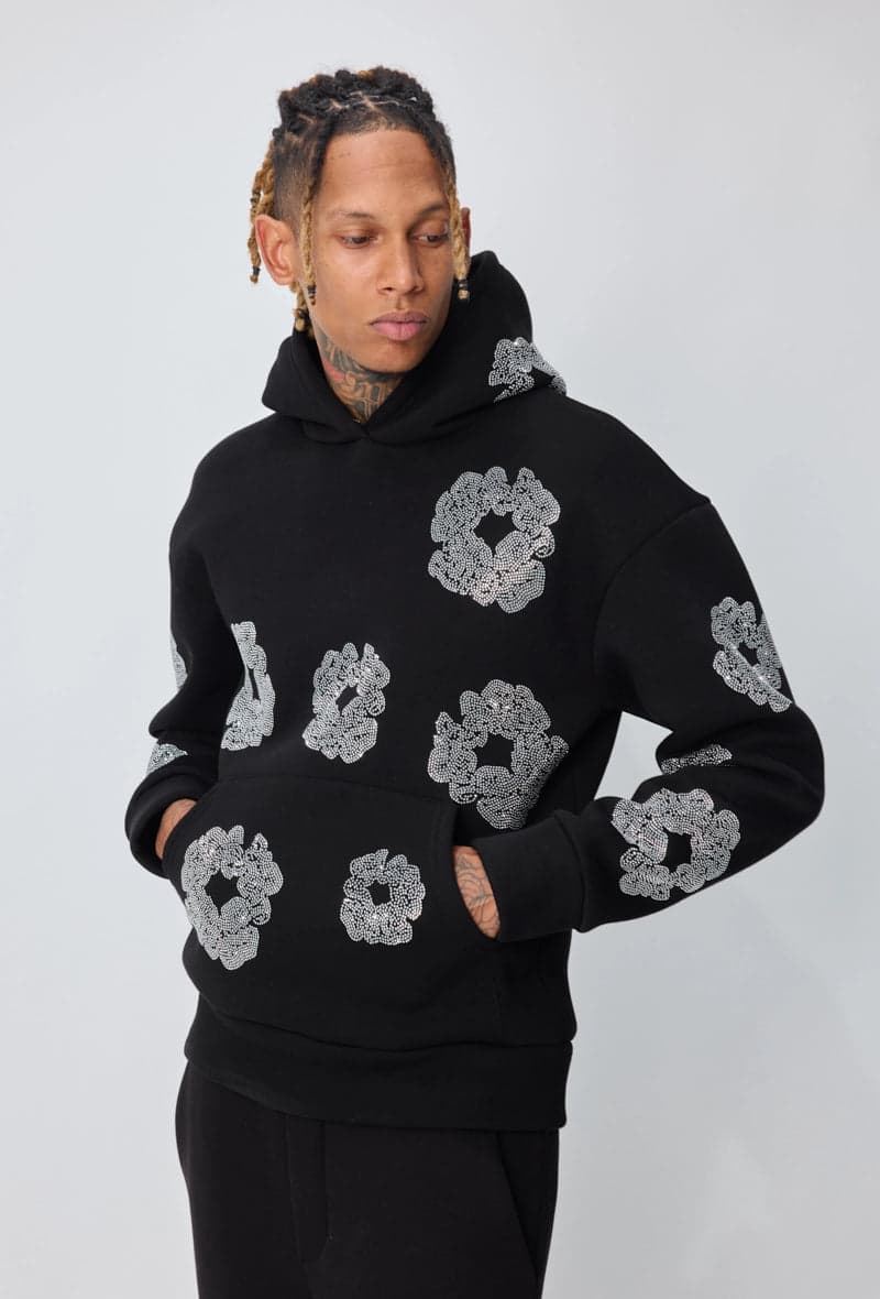 Brolazi Strass Bloemen Hoodie Zwart